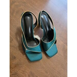 Emerald Green Satin Square Toe Slingback Heels Gold Flared Block Heel Sandals 41